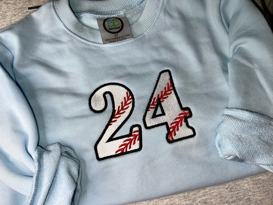Stitched baseball/softball number tee or sweatshirt
