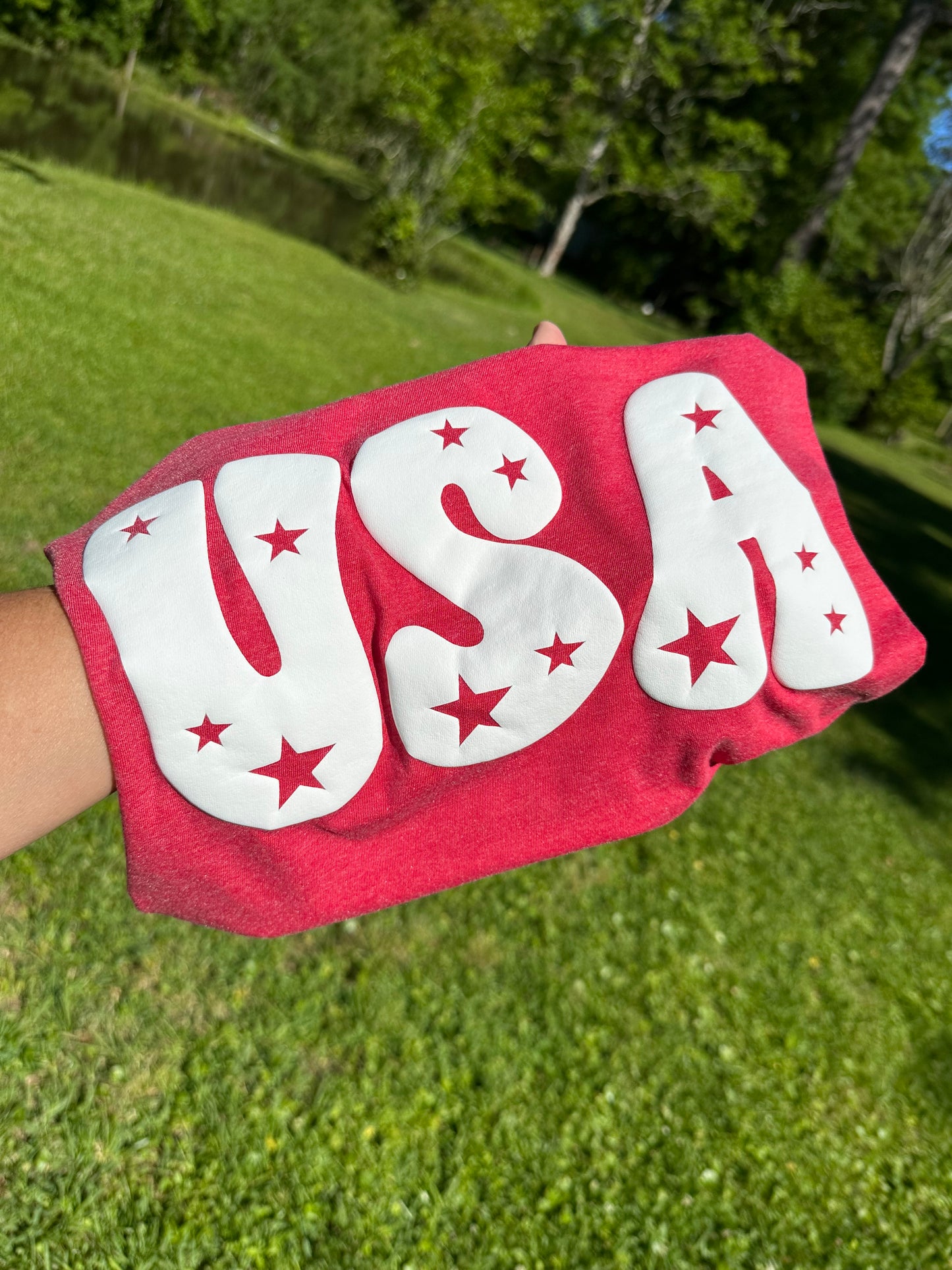 USA/patriotic name puff tees