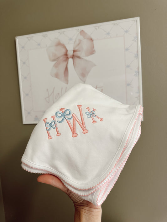 Picot trim bow embroidery blanket